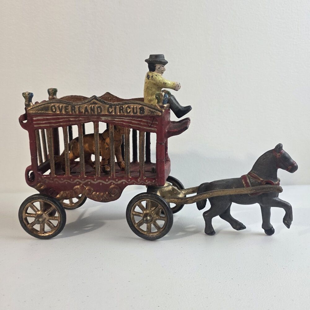 Vintage Cast Iron Horse Drawn OVERLAND Circus Wagon Toy With Tiger & Driver Read